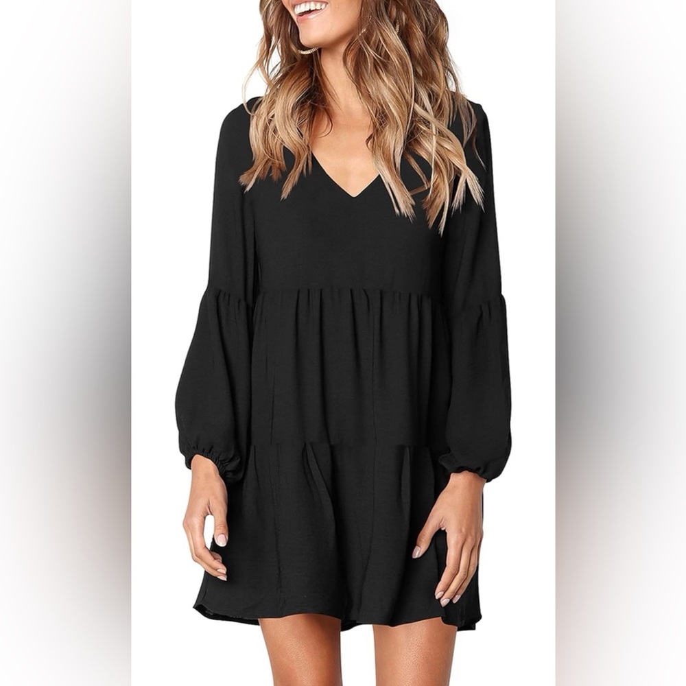 Amazon Black Tiered Midi Dress with Balloon Sleeves